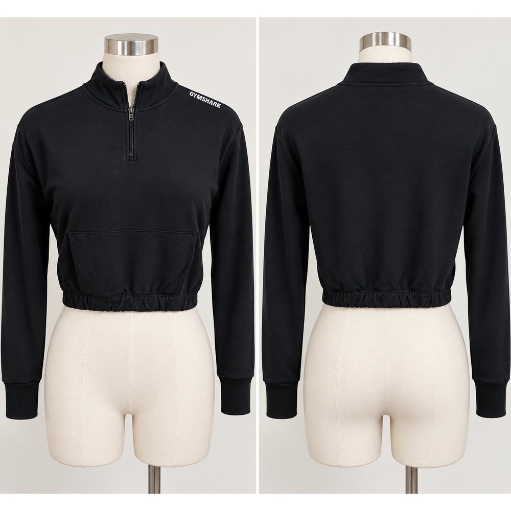 Gymshark Womens Black Cropped Quarter Zip Pullover Long Sleeve Sweatshirt Small